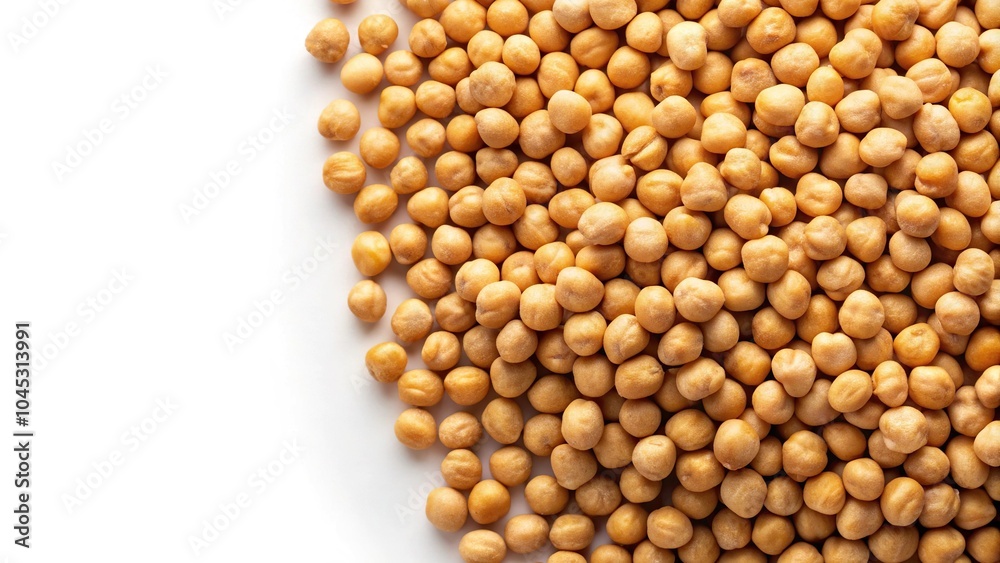 Chickpeas spread out on white background, seen from above Chickpeas spread out on white background, seen from above