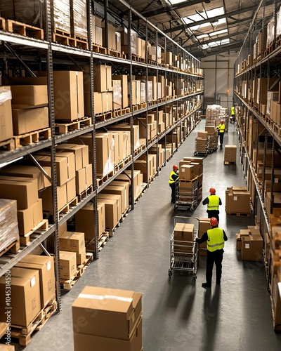 A busy warehouse with tall metal shelves lined with cardboard boxes, staff in highvisibility vests pushing trolleys, Isometric view, Realistic, Neutral colors, Sharp focus