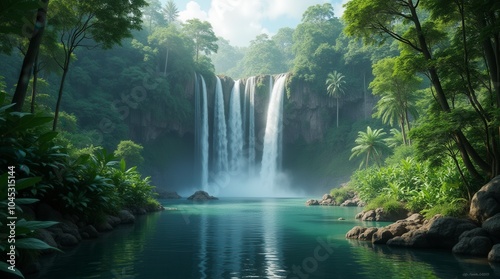 Waterfall in forest tropical landscape with green trees and lake in the jungle