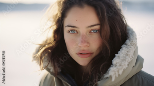 Young Woman Enjoying a Sunny Winter Day in the Snow. Winter portrait. Christmas spirit. Beautiful girl outdoor. Generate AI 