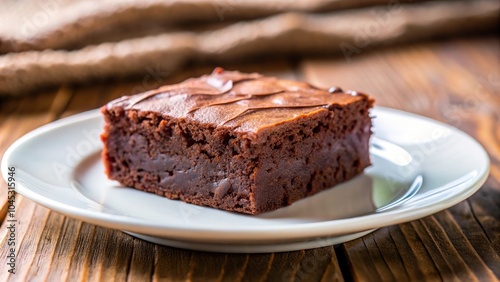 chocolate brownie on plate with blur background reflection