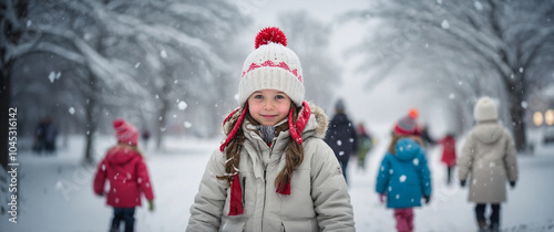 The scene of kid in cozy winter coat and hat.