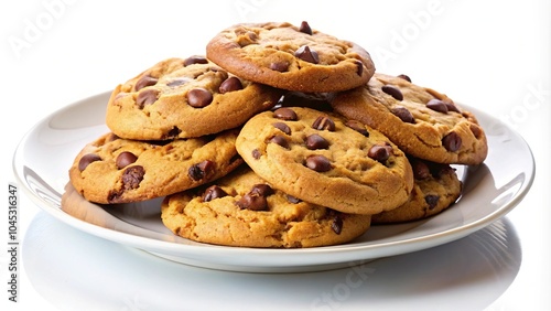 Chocolate chip cookies on a white plate isolated on white background with shallow depth of field