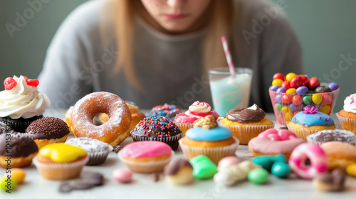 Sad person surrounded by sugary foods, reflecting the struggle between indulgence and emotional well-being, highlighting the complexities of comfort and self-care. photo