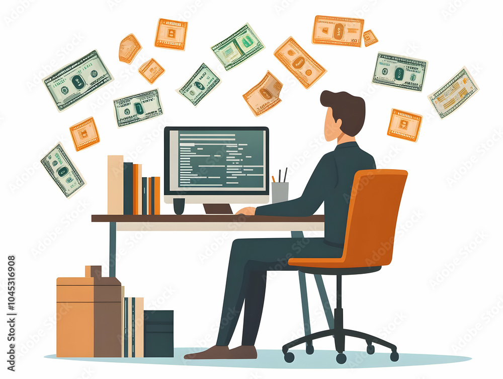 Flat Employee Working on Computer with Currency Symbols & Discounts - Candid Vector Illustration Highlights Digital Financial Management & Business Strategies, Isolated on White with Copy Space Flat Employee Working on Computer with Currency Symbols & Discounts - Candid Vector Illustration Highlights Digital Financial Management & Business Strategies, Isolated on White with Copy Space