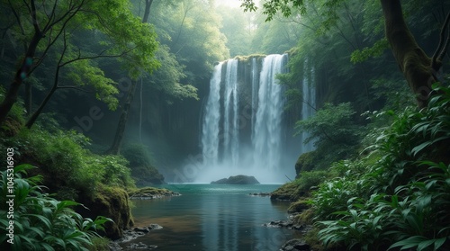 Waterfall in forest tropical landscape with green trees and lake in the jungle