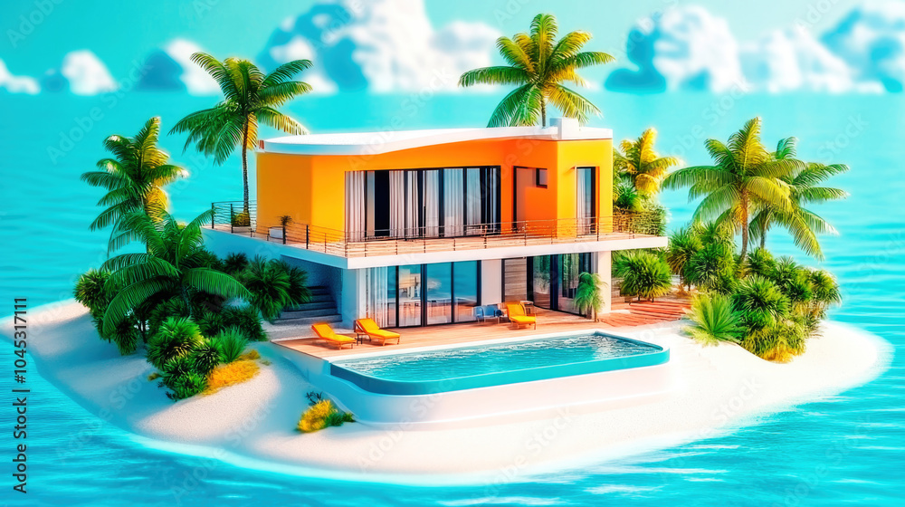 Fototapeta premium 3D miniature of a modern house on an island with a swimming pool. Surrounded by palm trees and turquoise water, it conveys the atmosphere of luxury and privacy in the tropics