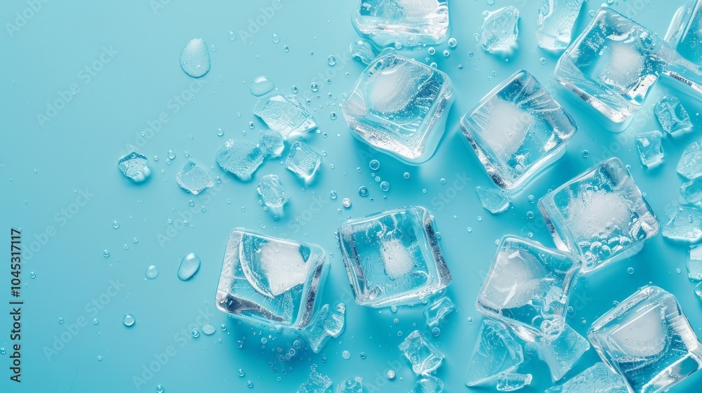 Ice Cubes on Blue, artistic display of clear ice cubes against a vivid blue backdrop, showcasing intricate shapes and textures, creating a refreshing visual contrast Ice Cubes on Blue, artistic display of clear ice cubes against a vivid blue backdrop, showcasing intricate shapes and textures, creating a refreshing visual contrast