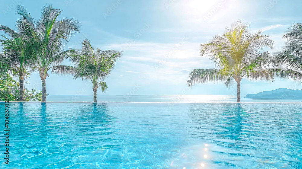 Swimming pool with clear blue water with stunning sea view and sky Swimming pool with clear blue water with stunning sea view and sky