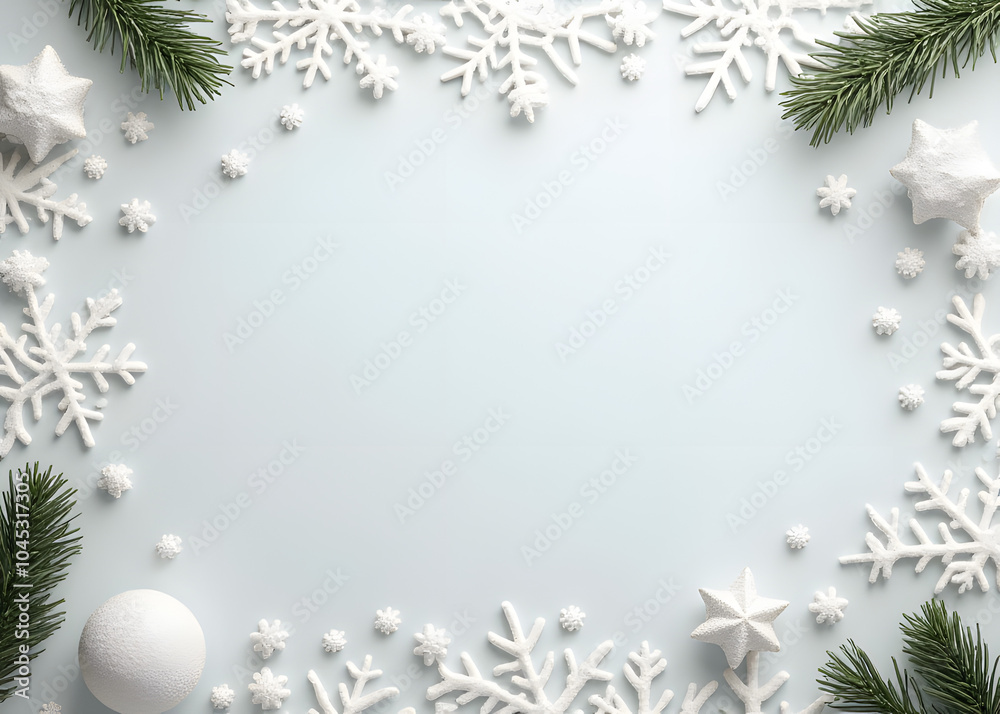 Snowflakes frame a pastel gray flat lay with Christmas and winter elements in a festive composition for new year marketing graphics. Snowflakes frame a pastel gray flat lay with Christmas and winter elements in a festive composition for new year marketing graphics.