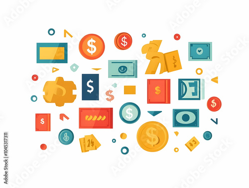 Flat Floating Currency Symbols with Discount Tags and Promotional Arrows | Vibrant Vector Graphic for Financial Discounts and Strategic Advertising in Smart Business Contexts