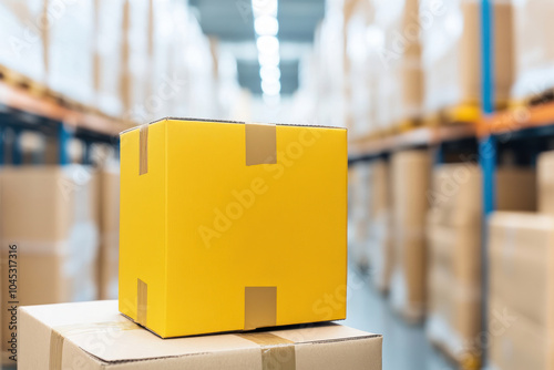 Yellow cardboard box in a warehouse with blurred shelves in the background. photo