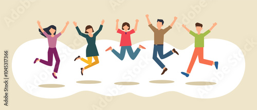 大学生ぐらいの若い男女が喜びを表現してジャンプするシンプルなフラットベクター画像イラスト