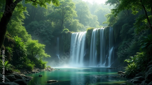 Waterfall in forest tropical landscape with green trees and lake in the jungle
