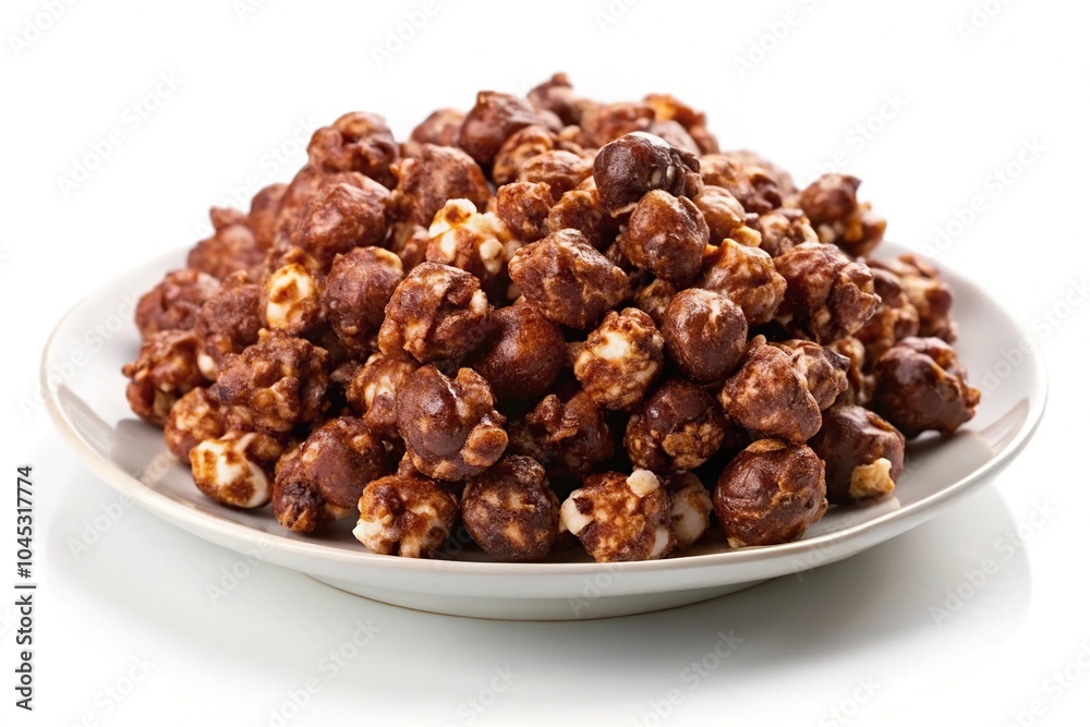 Chocolate popcorn on white plate isolated on white background with leading lines Chocolate popcorn on white plate isolated on white background with leading lines