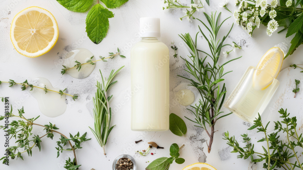 A luxurious bottle of hydrating lotion placed next to fresh herbs and essential oils, promoting a refreshing skincare routine A luxurious bottle of hydrating lotion placed next to fresh herbs and essential oils, promoting a refreshing skincare routine