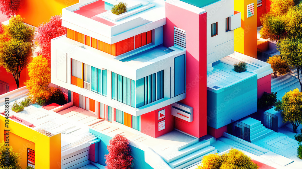 3D miniature of a modern house with bright colors and geometric design. The futuristic architecture is surrounded by trees, creating a cozy atmosphere 3D miniature of a modern house with bright colors and geometric design. The futuristic architecture is surrounded by trees, creating a cozy atmosphere