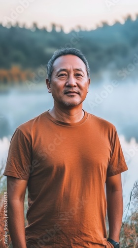 The man in a brown T-shirt stands peacefully by the riverbank, surrounded by early morning mist