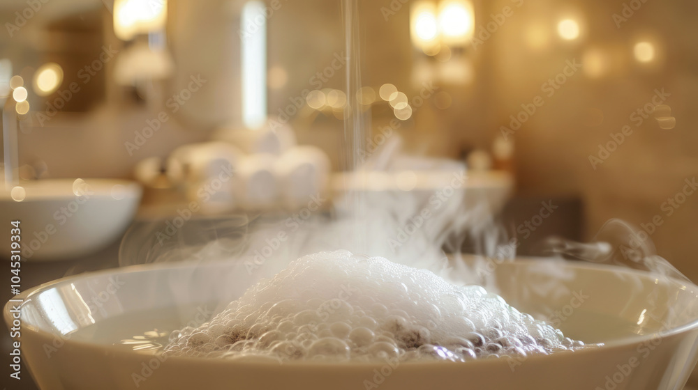 A luxurious exfoliating scalp treatment in a salon, showing steam rising as the treatment deeply cleanses the scalp A luxurious exfoliating scalp treatment in a salon, showing steam rising as the treatment deeply cleanses the scalp