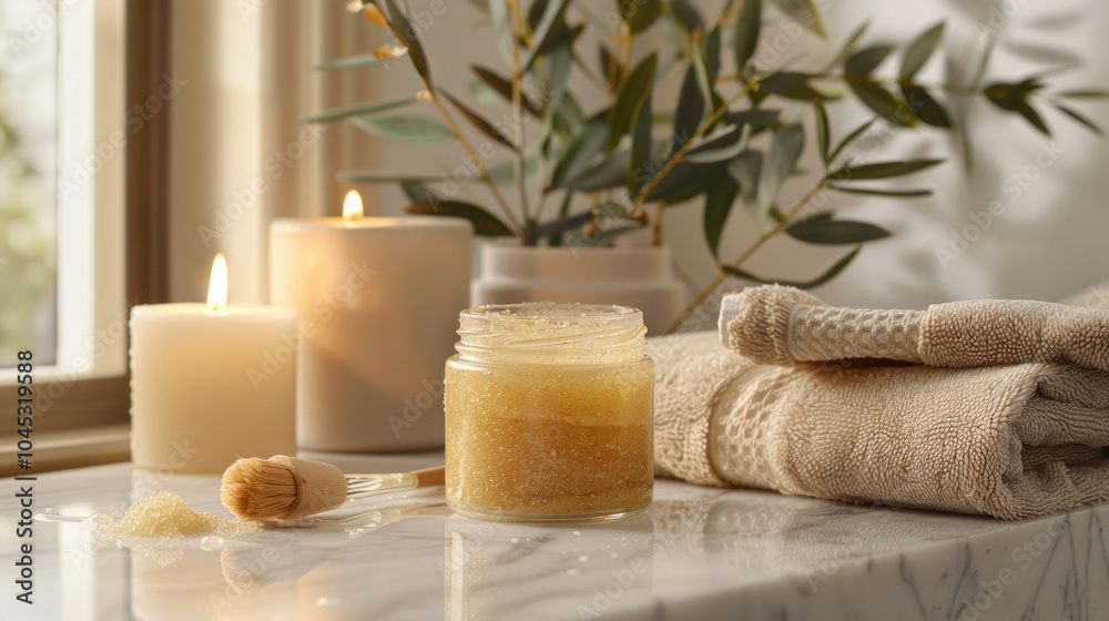 A luxurious, handmade body scrub jar placed next to candles and soft towels, promoting an indulgent, self-care routine A luxurious, handmade body scrub jar placed next to candles and soft towels, promoting an indulgent, self-care routine