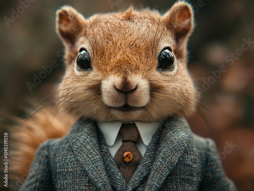 Close-up of an anthropomorphic squirrel in a stylish suit, showcasing resourcefulness and professionalism for finance and project management. Detailed view of suit and squirrel.