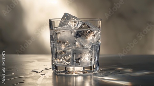 Clear ice cubes arranged in a crystal glass, light refracting through the ice, creating stunning reflections and enhancing the elegance of the setting.