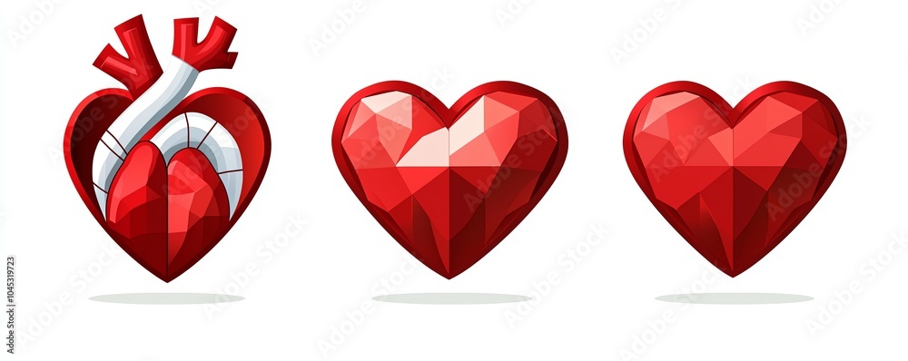 Three stylized red hearts, one with a bandage, showcasing emotions and love, highlighting themes of affection and healing. Three stylized red hearts, one with a bandage, showcasing emotions and love, highlighting themes of affection and healing.
