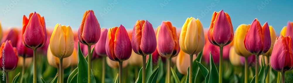 Vibrant tulip field in full bloom, with rows of colorful flowers stretching into the horizon under a clear, blue sky, symbolizing spring's energy and beauty Vibrant tulip field in full bloom, with rows of colorful flowers stretching into the horizon under a clear, blue sky, symbolizing spring's energy and beauty