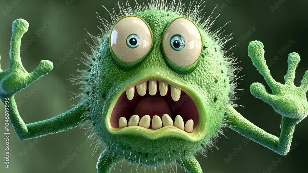 A green, fuzzy monster with large eyes and a gaping mouth looks scared