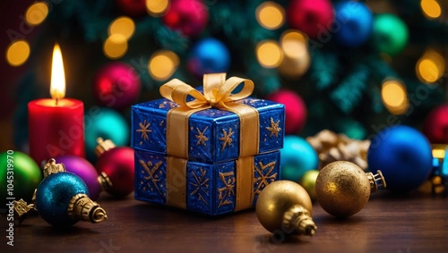 Close-up of dreidel and Christmas ornaments on a table, vibrant holiday colors
Beautifully decorated Christmas tree with a menorah glowing in the background
Christmas and Hanukkah gifts wrapped