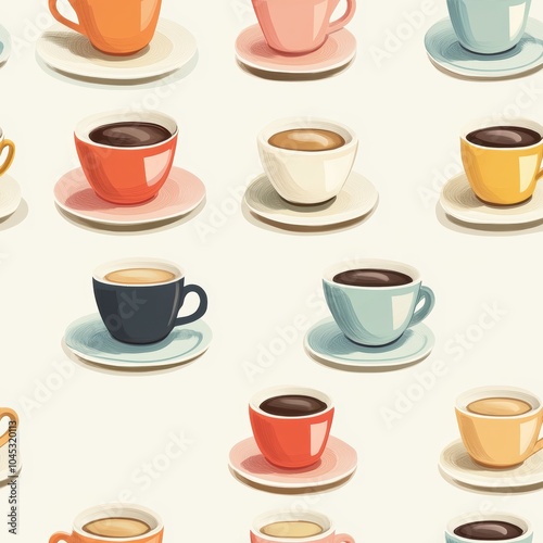 A colorful pattern of various coffee cups with saucers, showcasing a delightful assortment of warm beverages. Seamless pattern design