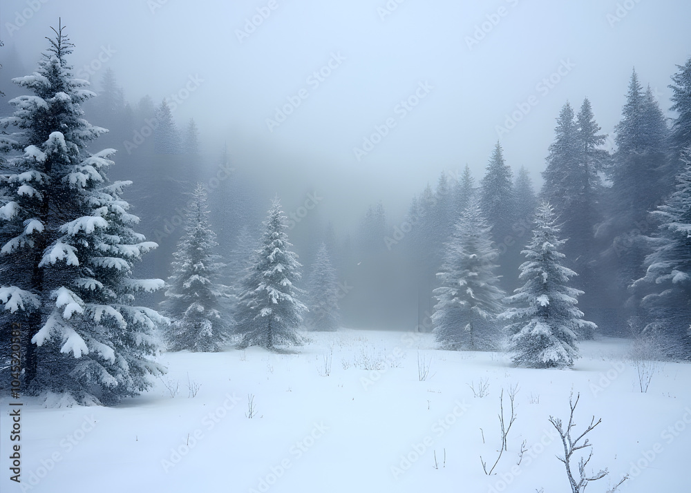 Snow covers forest and trees in winter landscape of cold, frosty weather outside. Snow covers forest and trees in winter landscape of cold, frosty weather outside.