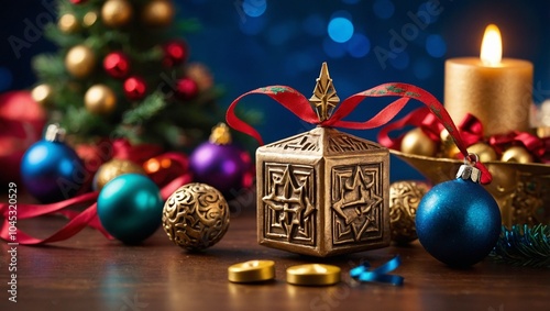 Close-up of dreidel and Christmas ornaments on a table, vibrant holiday colors
Beautifully decorated Christmas tree with a menorah glowing in the background
Christmas and Hanukkah gifts wrapped