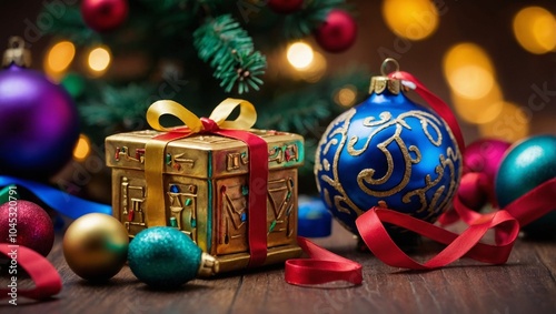 Close-up of dreidel and Christmas ornaments on a table, vibrant holiday colors
Beautifully decorated Christmas tree with a menorah glowing in the background
Christmas and Hanukkah gifts wrapped