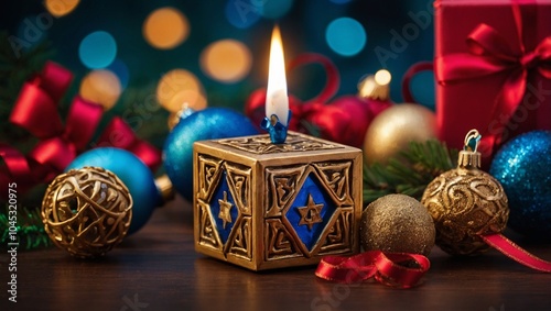 Close-up of dreidel and Christmas ornaments on a table, vibrant holiday colors
Beautifully decorated Christmas tree with a menorah glowing in the background
Christmas and Hanukkah gifts wrapped