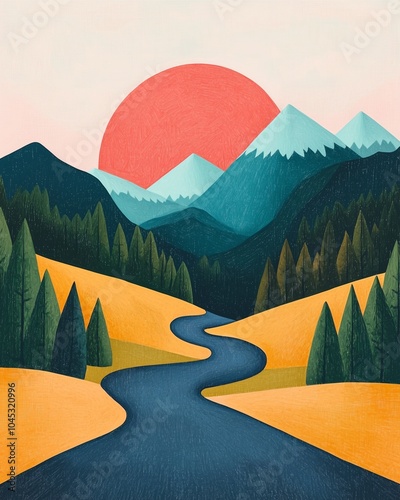 A vibrant landscape featuring rolling hills, a winding river, towering mountains, and a large red sun setting in the background.