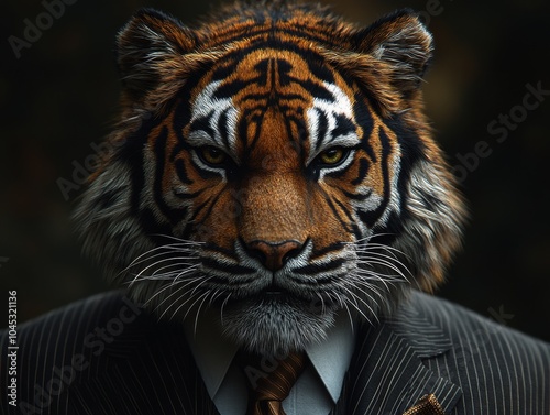 Close-up of an anthropomorphic tiger in a pinstripe suit, showcasing strength and determination for motivational content and sports branding. Detailed view of suit and tiger. photo