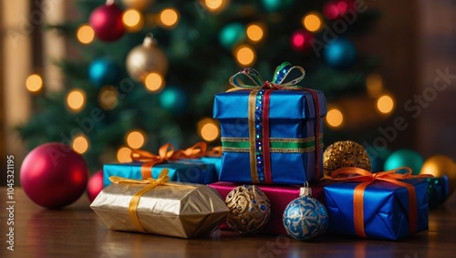 Close-up of dreidel and Christmas ornaments on a table, vibrant holiday colors
Beautifully decorated Christmas tree with a menorah glowing in the background
Christmas and Hanukkah gifts wrapped