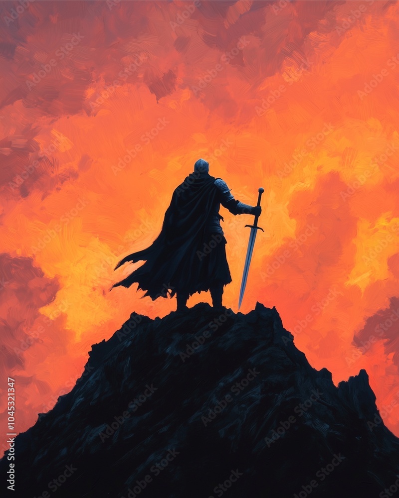 A silhouette of a heroic figure stands atop a mountain, holding a sword against a dramatic, fiery sunset backdrop. A silhouette of a heroic figure stands atop a mountain, holding a sword against a dramatic, fiery sunset backdrop.
