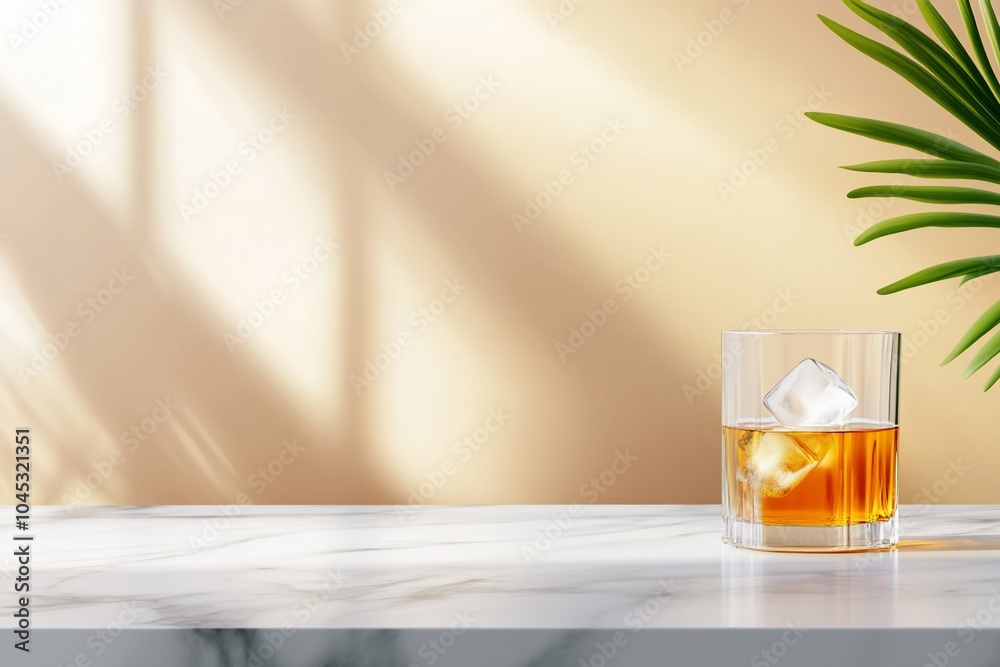 A glass of whiskey with ice on a marble surface and warm background. A glass of whiskey with ice on a marble surface and warm background.
