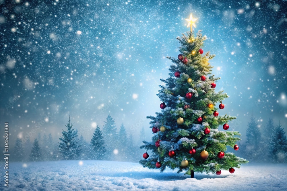 Christmas tree in snowy background with background lights Christmas tree in snowy background with background lights