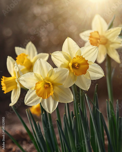 Bright colourful fresh yellow daffodils first flowers delicate background. Celebrating of spring. Floral template. 