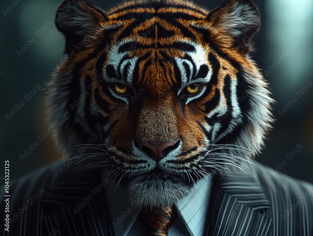 Fototapeta premium Close-up of an anthropomorphic tiger in a pinstripe suit, showcasing strength and determination for sports branding and motivational content. Detailed view of suit and tiger.