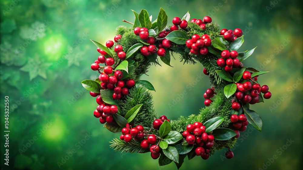 Obraz premium Christmas wreath with red berries and green leaves on green background with shallow depth of field