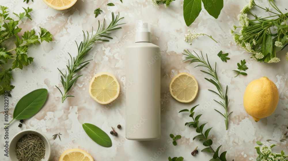 A minimalist organic shampoo bottle surrounded by fresh ingredients like herbs and citrus, highlighting nature-based haircare A minimalist organic shampoo bottle surrounded by fresh ingredients like herbs and citrus, highlighting nature-based haircare