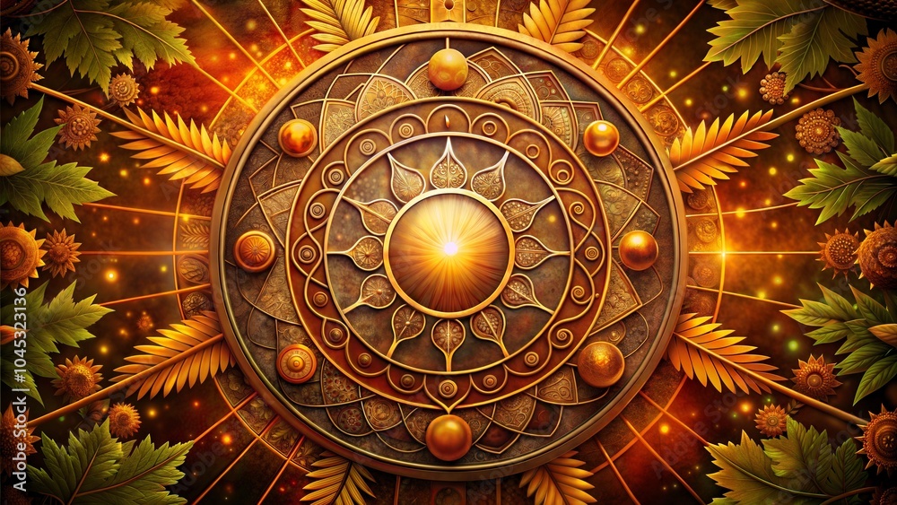 Pagan sun symbols artwork, vibrant mood, intricate design with golden tones and natural elements Pagan sun symbols artwork, vibrant mood, intricate design with golden tones and natural elements