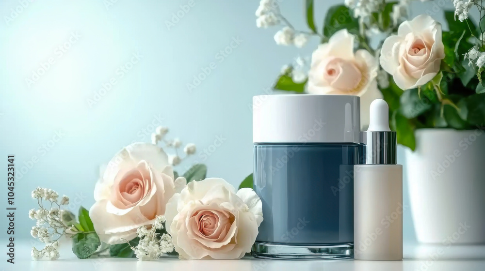 Elegant skincare products displayed beside fresh roses