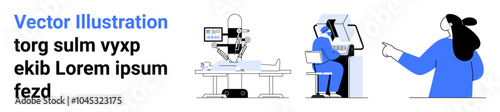 Vector drawing showing a lab with a robot arm, a person working with a screen, and an individual pointing at a board. Ideal for workplace innovation, robotics tech, human-computer interaction, lab