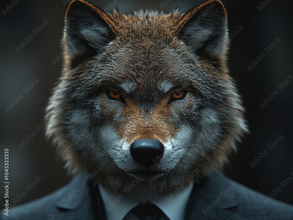 Fototapeta premium Close-up of an anthropomorphic wolf in a sleek dark suit, showcasing confidence and charisma for motivational posters and personal branding. Detailed suit and wolf.