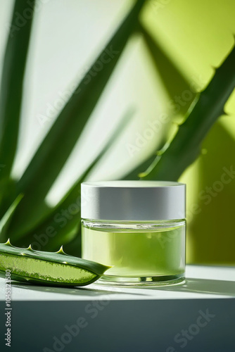 Aloe vera essential oil in glass bottle and aloevera gel in jar photo